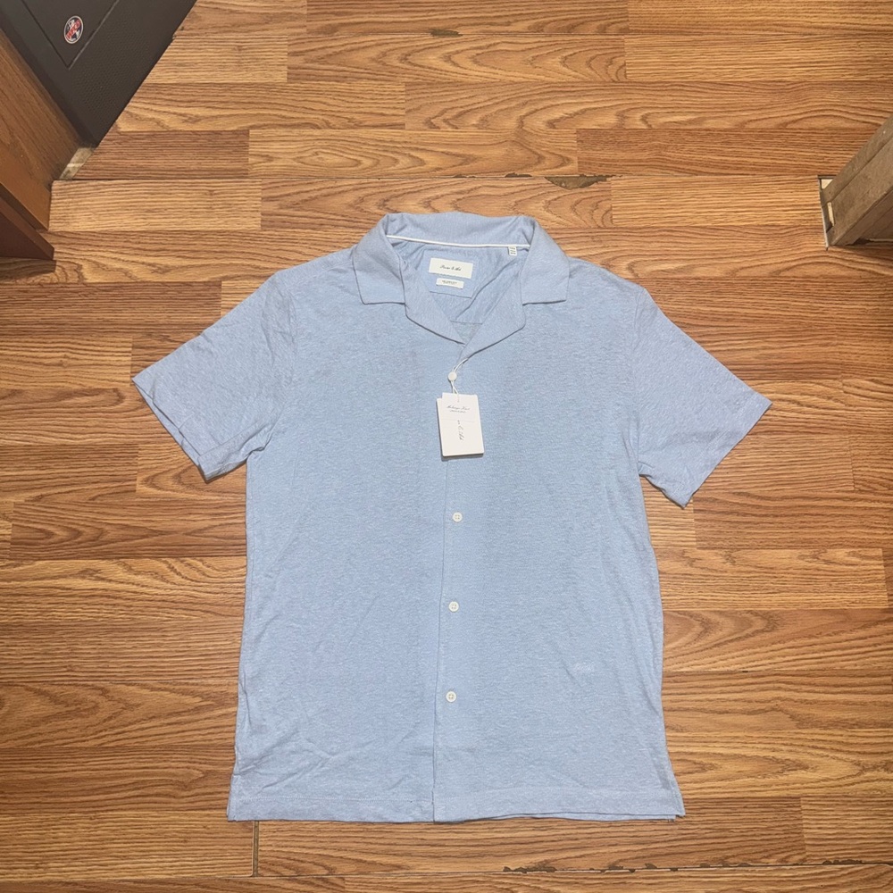 Porter & Ash Linen Blend Shirt Mens M Melange Knit Blue Short Sleeve Button Up